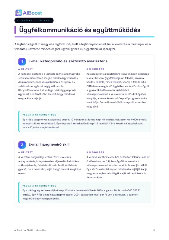 Minta oldal az AI Ötlettárból: az 1. és 2. eset, az e-mail kategorizáló asszisztens és az e-mail hangnemíró skill, helyzettel, megoldással és valós példával